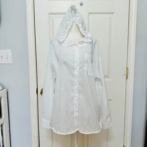 NEW WHITE LONG SLEEVE EMBROIDERED LACE HOODED BUTTON DOWN SHIRT BLOUSE LARGE